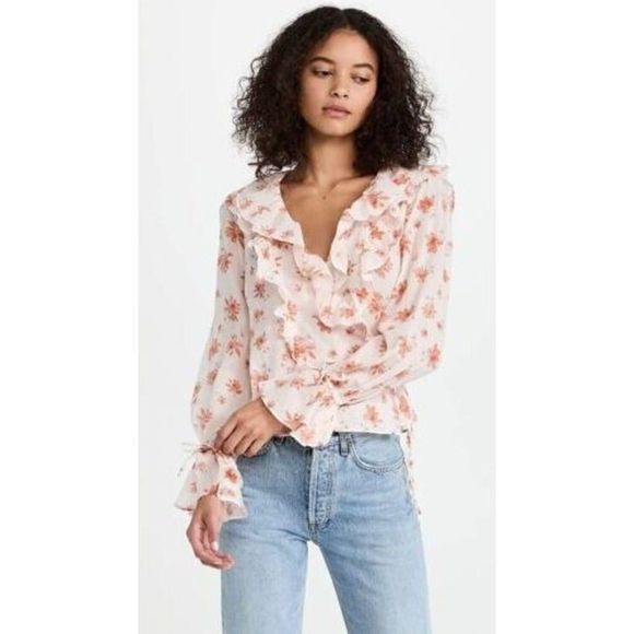 Free People Women's Sz S Ivory Combo Floral Printed Amanda Ruffle Top $98+ - Picture 10 of 11